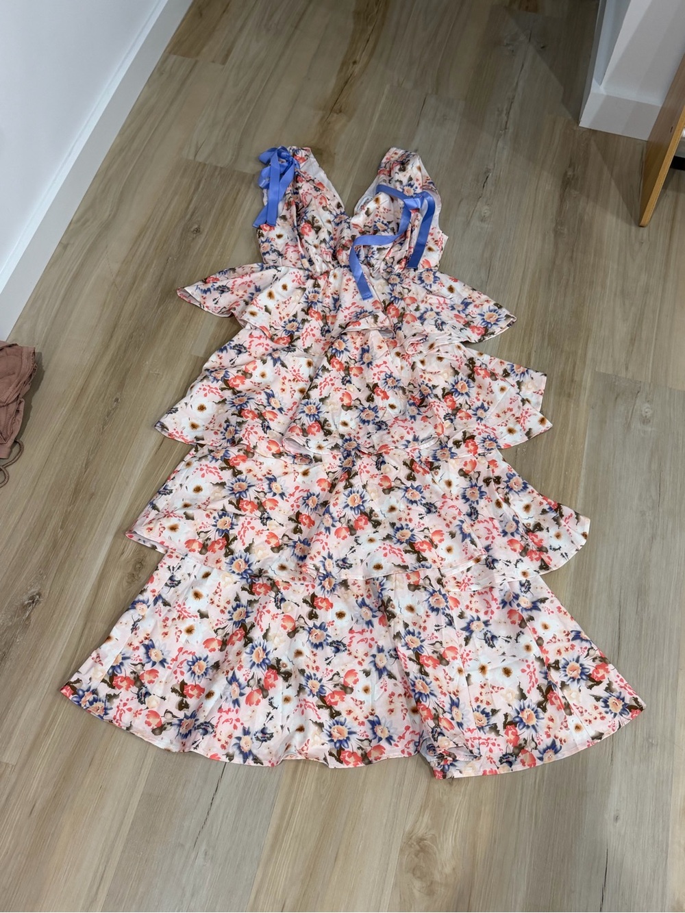 Floral Tiered Ruffle Maxi Dress with Blue Tie Straps